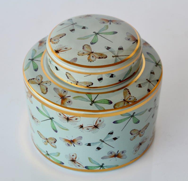 Duck Egg Blue & Gold Dragonfly Jar With Lid